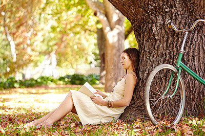 Buy stock photo Shot of an attractive young woman reading a book in the park