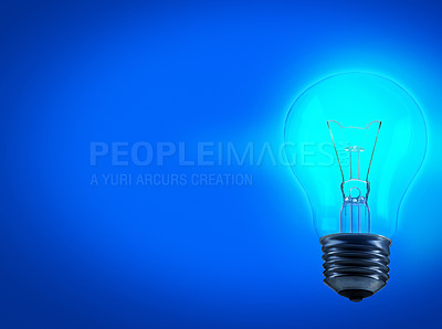 Buy stock photo Lightbulb, energy and electricity in studio for idea with mockup space for inspiration, solution or genius thought. Power, glow light and science for knowledge or creative thinking on blue background