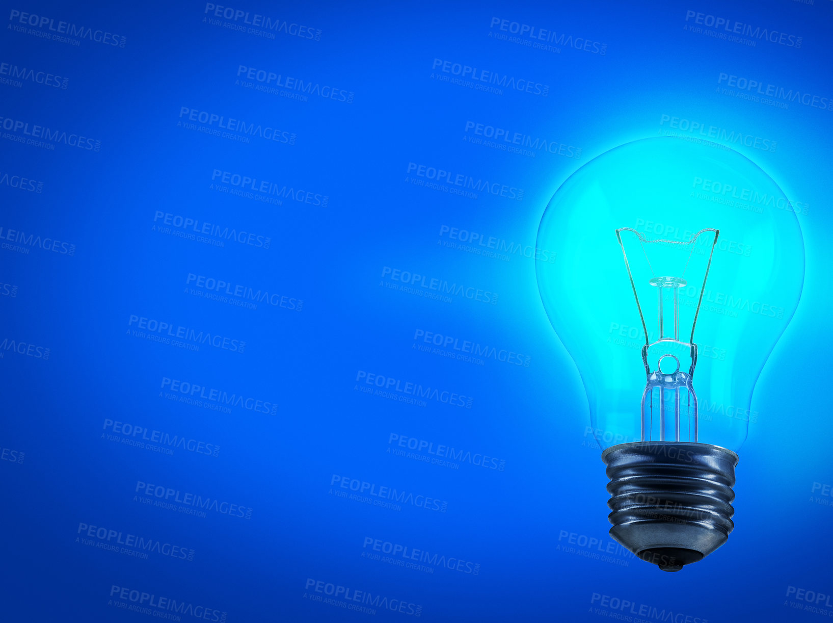 Buy stock photo Lightbulb, energy and electricity in studio for idea with mockup space for inspiration, solution or genius thought. Power, glow light and science for knowledge or creative thinking on blue background