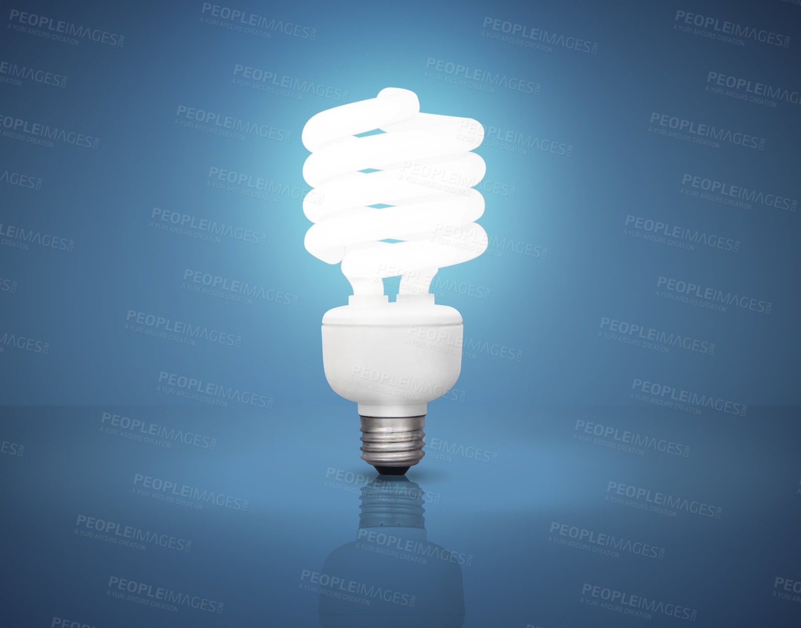 Buy stock photo Lightbulb, power and electricity in studio for idea with mockup space for inspiration, solution or genius thought. Energy, glow light and science for knowledge or creative thinking on blue background