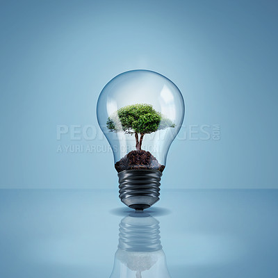 Buy stock photo Environment, tree in light bulb and save energy, eco friendly and sustainability with renewable resources on blue background. Sustainable development, innovation and electricity with mockup space