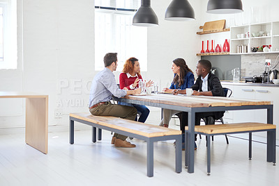Buy stock photo Full length shot of a group of businesspeople in a meeting