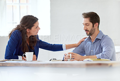 Buy stock photo Cropped shot of a young businesswoman consoling her colleague over lunch