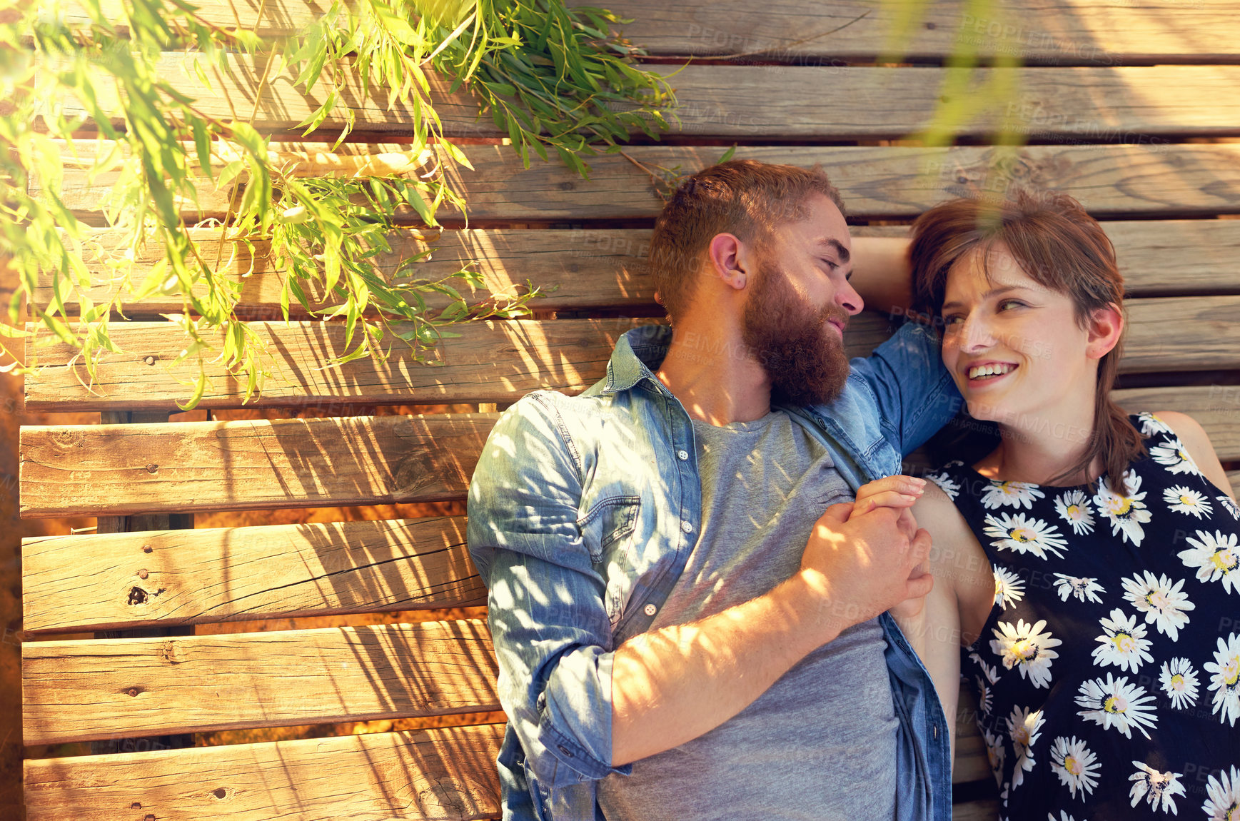 Buy stock photo Outdoor, couple and smile for picnic on break with love, rest and affection for care. From above, people and happy in relationship on valentines day for holiday to relax, chill and bonding at park