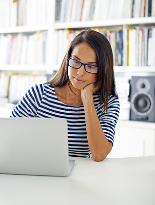 Buy stock photo Remote work, reading screen and woman on laptop for online networking, report and research. Working from home, business and person on computer for website, internet and planning for freelance career