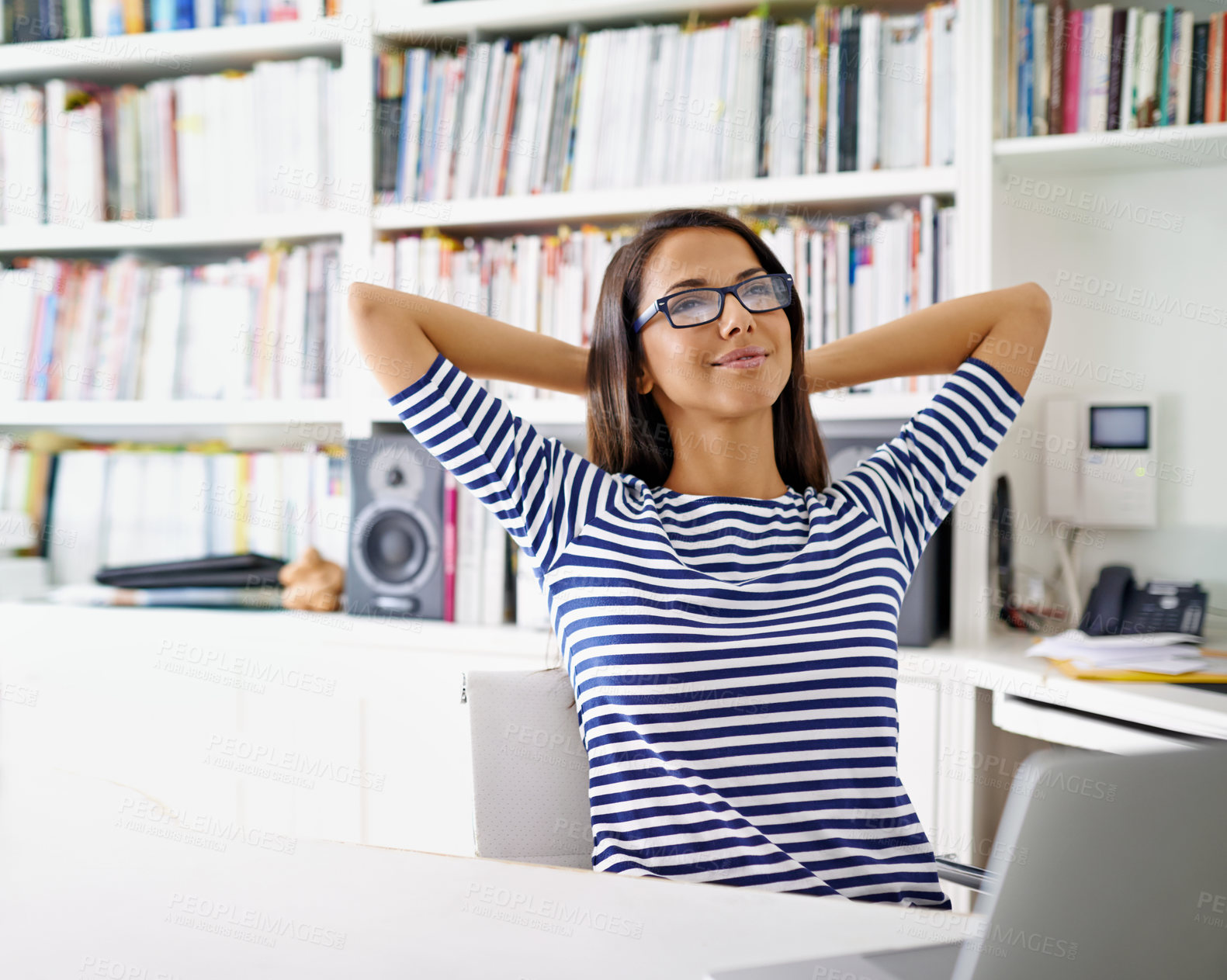 Buy stock photo Woman, laptop and finish remote work, digital designer and social media break from online communication. Rest, relax and done with web search from home office, happy female person thinking in peace