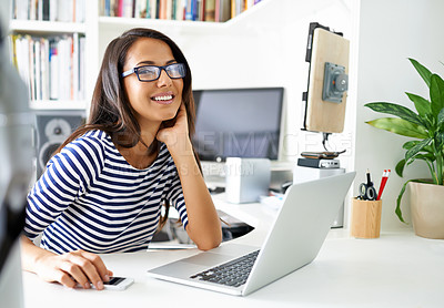 Buy stock photo Woman, laptop and freelancer on internet in portrait, online and research for information on article. Female person, glasses and copywriter on website, remote work and email for networking in home