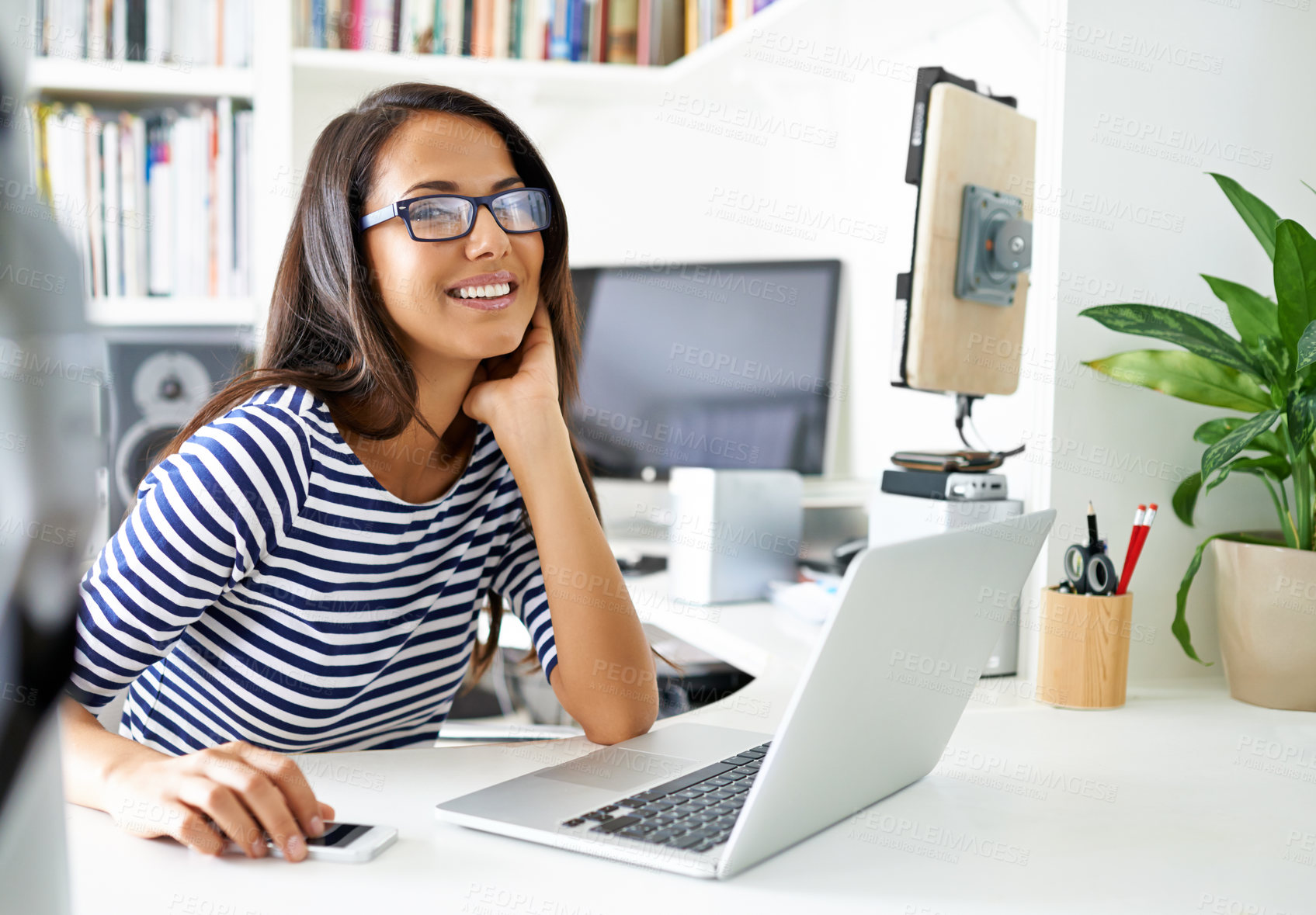 Buy stock photo Woman, laptop and freelancer on internet in portrait, online and research for information on article. Female person, glasses and copywriter on website, remote work and email for networking in home