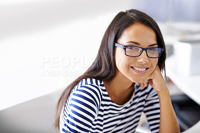 Buy stock photo Professional, portrait and creative woman in office with happiness and productivity on project. Person, smile and receptionist relax with confidence and pride in Australia for work in administration