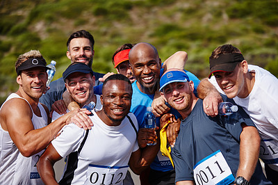 Buy stock photo Portrait of a group of young men standing together after running a marathon