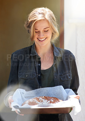 Buy stock photo Happy woman, outdoor and fresh baked bread in bakery as small business or entrepreneur in cafe. Female person, pastry chef and excited in preparing sourdough for sale with pride, skill and confidence