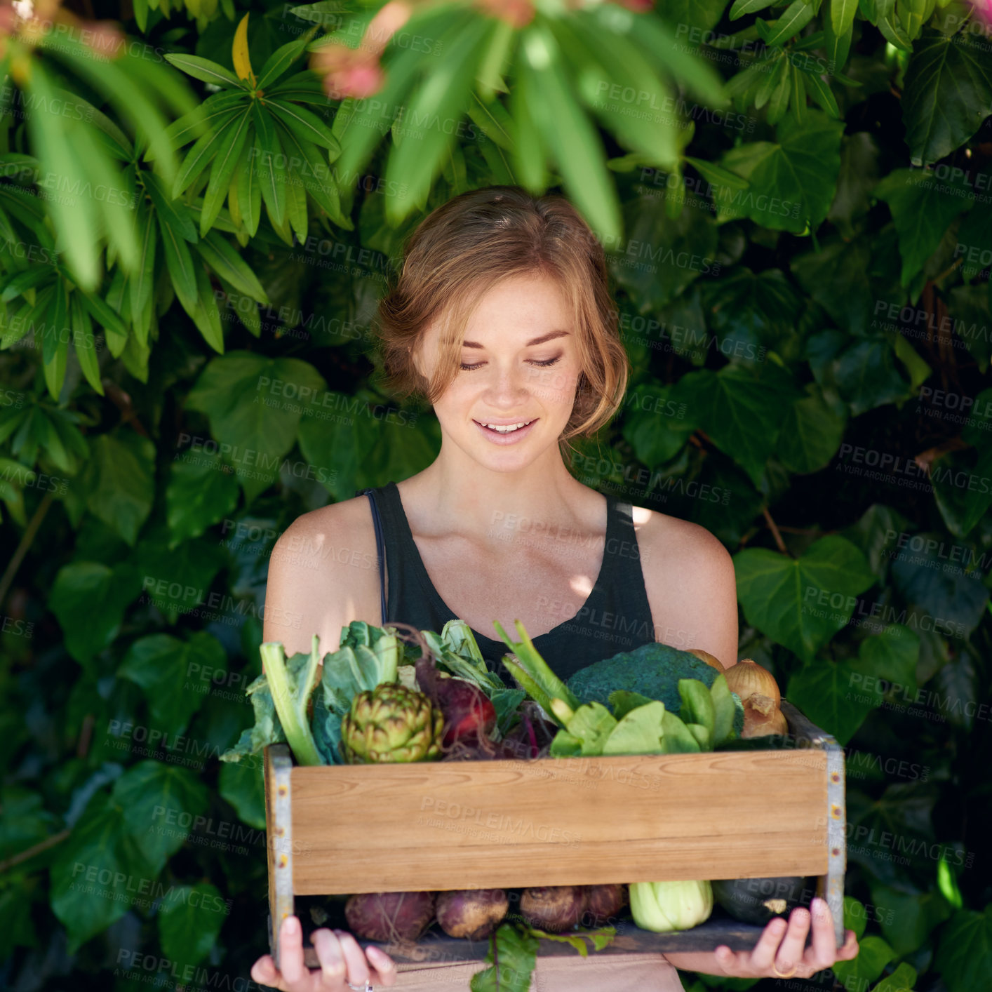 Buy stock photo A young woman holding a crate of vegetables outdoors