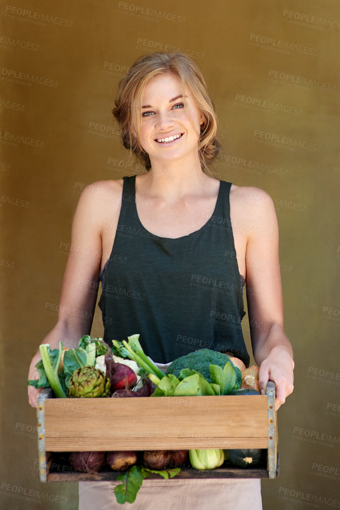 Buy stock photo Outdoor, portrait or happy woman with crate for vegetables, harvest or fresh crops on wall background. Female farmer, healthy food and produce for nutrition, wellness and diet for market or growth