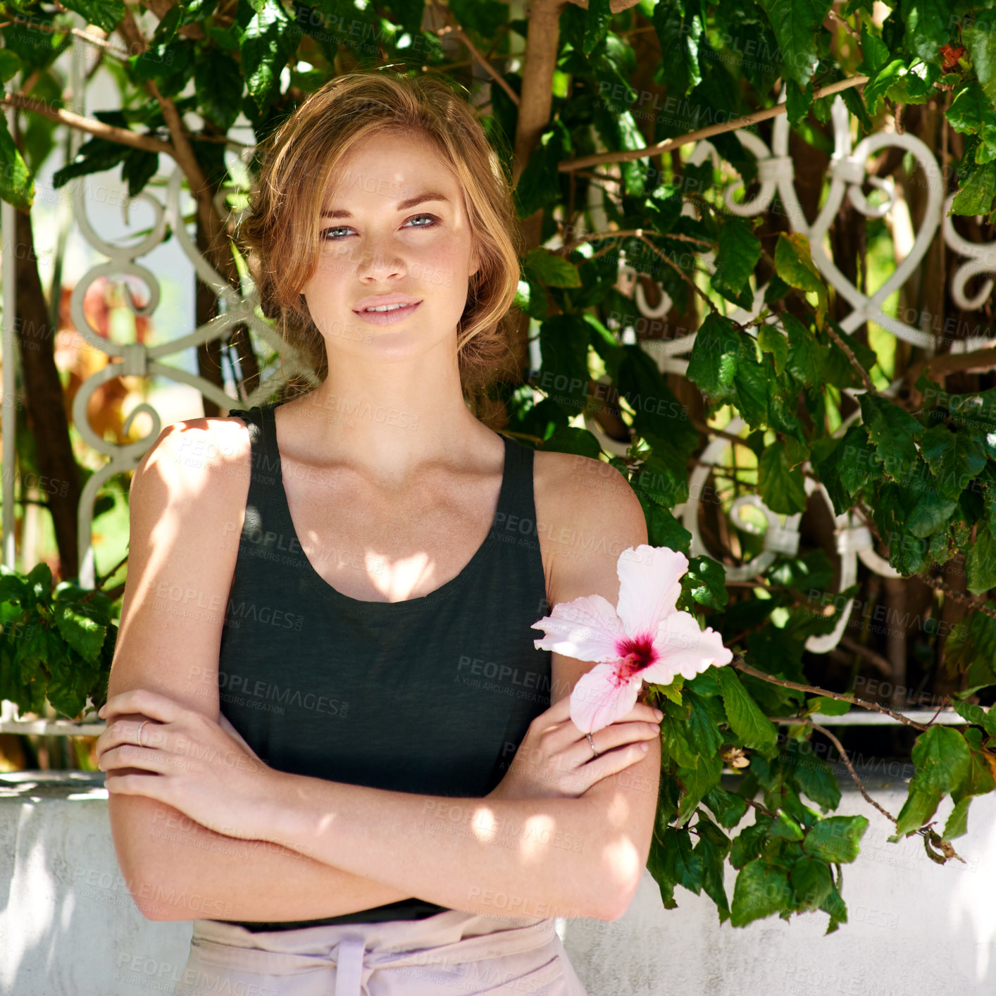 Buy stock photo Happy, flowers and woman with arms crossed, portrait and florist with apron, nature and garden. Proud, confident and person with small business, agriculture and entrepreneur in summer and Australia