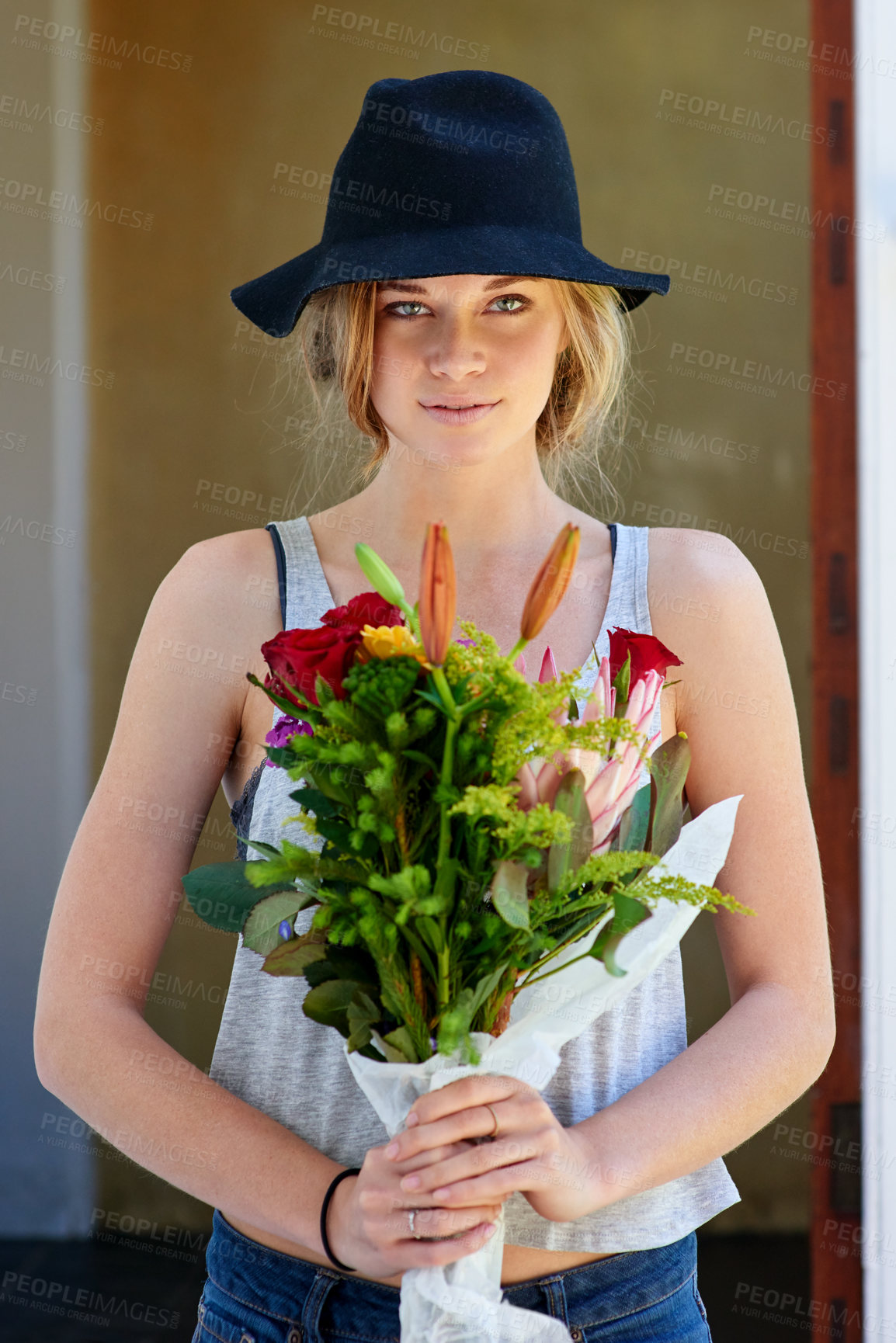 Buy stock photo Happy, hat and portrait of woman with flowers outdoor for gift, present or gardening growth. Smile, bloom and young female person from Russia with bouquet of colorful floral plants in garden.