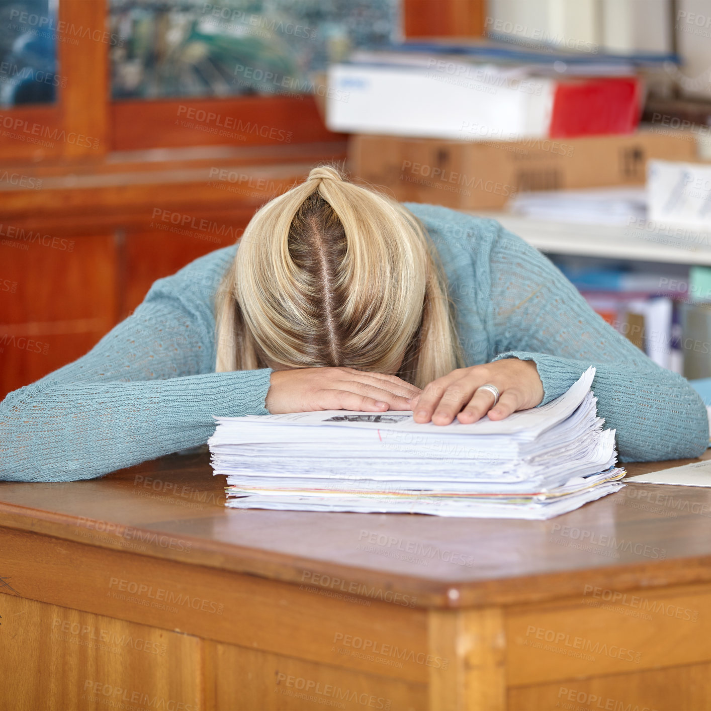 Buy stock photo Tired, teacher or sleeping at desk with documents, stress or burnout for paperwork deadline in classroom. School, woman or exhausted professor with fatigue or head down in nap on table for resting