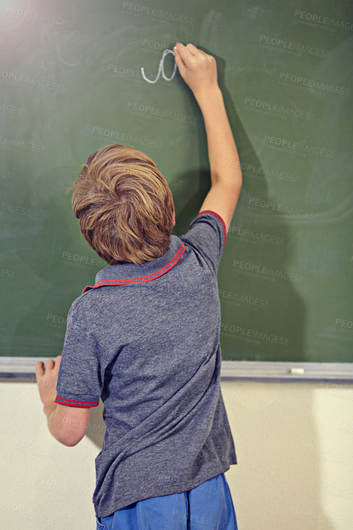 Buy stock photo Kid, chalkboard and school with writing education, lecture and answer for learning. Back, knowledge and youth development in a study lesson with male student in classroom with chalk and solution