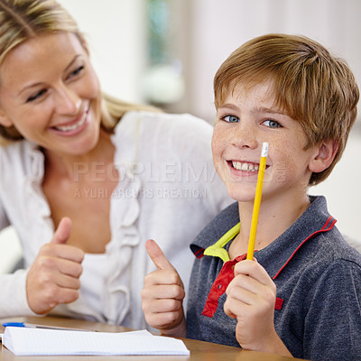 Buy stock photo Portrait, kid and teacher with thumbs up in classroom, smile and pencil. Happiness, educator and student with hand gesture for like emoji, agreement and learning in elementary school for education.