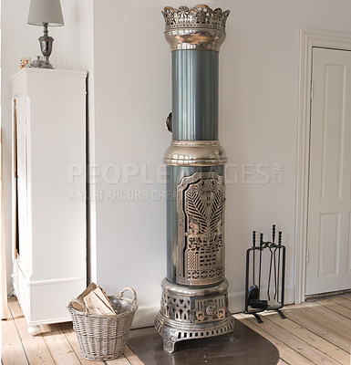 Buy stock photo Antique art deco wood burning stove from the 19th Century made in the city of Odense, Denmark. Owned by the photographer - heirloom.