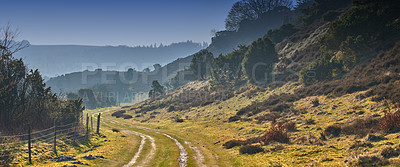 Buy stock photo Nature, landscape and countryside with calm or relax for freedom, environment location or peace in England. Holiday, journey and park with mountain for sustainability in winter, road to adventure