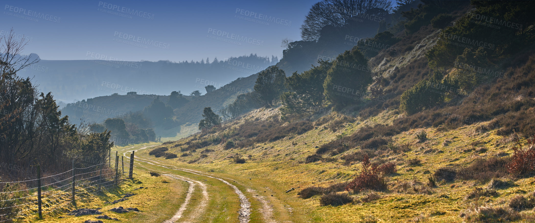 Buy stock photo Nature, landscape and countryside with calm or relax for freedom, environment location or peace in England. Holiday, journey and park with mountain for sustainability in winter, road to adventure