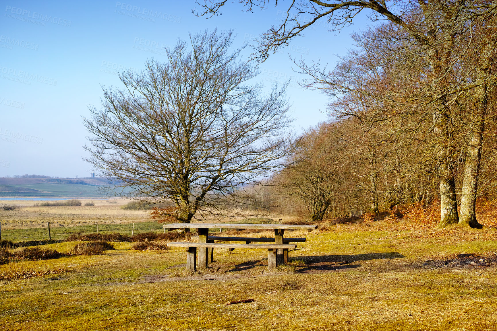 Buy stock photo Nature, bench and landscape for relax with peace in outdoor, calm in winter for environment. Freedom, park and rest spot with scenic view in countryside for travel, chair for wellness in Norway