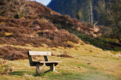 Buy stock photo Nature, bench and landscape for relax with calm in outdoor, peace in environment for with space. Freedom, park and rest spot with scenic view in countryside for travel, chair for wellness in Norway