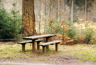 Buy stock photo Nature, bench and landscape for travel with peace in outdoor, calm in winter for environment. Freedom, park and rest spot with scenic view in countryside for relax, chair for wellness in Norway