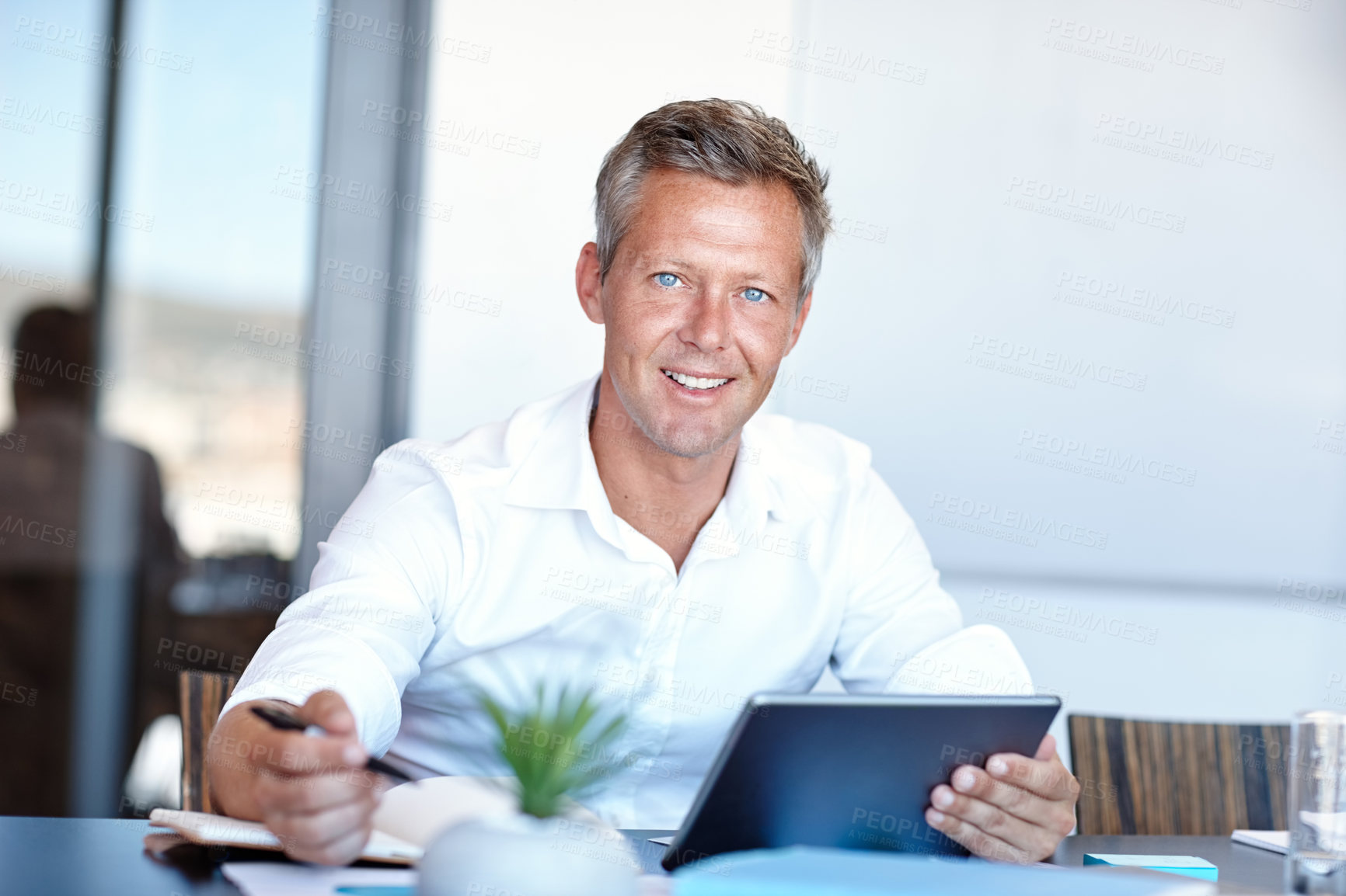 Buy stock photo Portrait, smile and tablet with business man at desk in office for administration or research. App, planning and review with happy mature employee in workplace for agenda, feedback or schedule