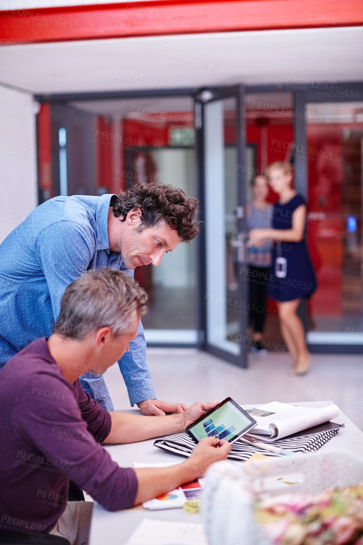 Buy stock photo Businessmen, meeting or tablet with chart for statistics, analytics or performance review in office. Male people, employees or colleagues with technology or bar graph for company growth or analysis