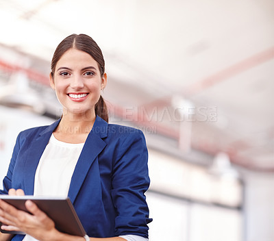 Buy stock photo Cropped portrait of an attractive young businesswoman holding a clipboard