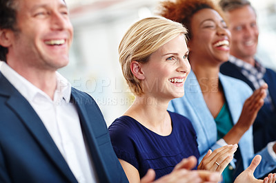 Buy stock photo Cropped shot of business professionals applauding a presentation at a conference