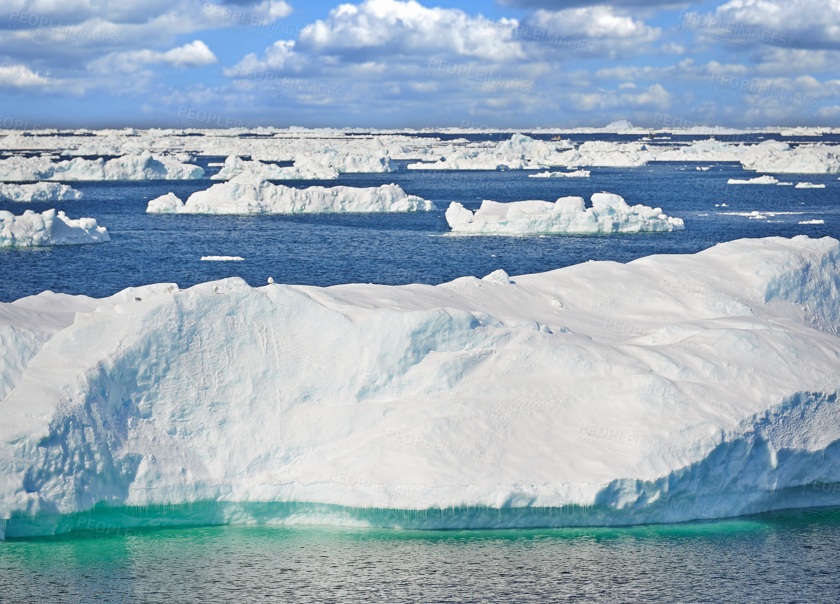 Buy stock photo Seascape, glacier or nature in Arctic for wallpaper, ocean or day in Greenland. Global warming, iceberg or climate change awareness on planet with CO2 effect, frozen water or habitat damage landscape