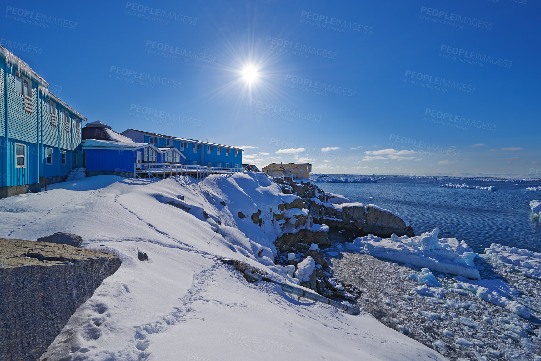 Buy stock photo The city of  Ilulissat, Greenland, Denmark.  The month of May