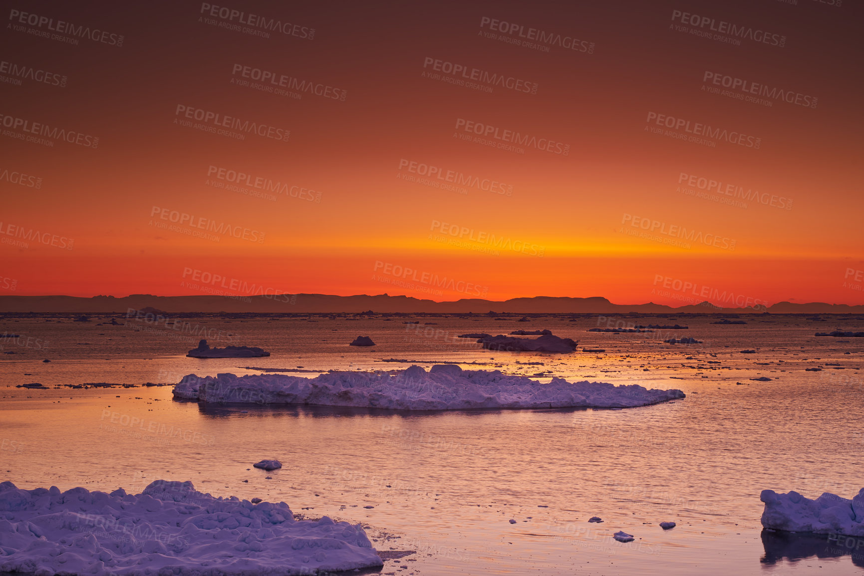 Buy stock photo Antarctica, sky and sunset with ice in ocean for cold ecosystem of environment in winter season. Evening, iceberg and water with frost on sea for conservation of ecology in mother nature location