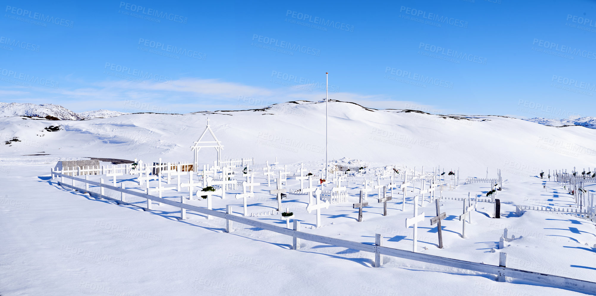 Buy stock photo Snow landscape, cross and graveyard for memorial, remember and funeral service for loss. Empty, Christian sign and public cemetery in ice environment for death ceremony, memory and mourning in Canada