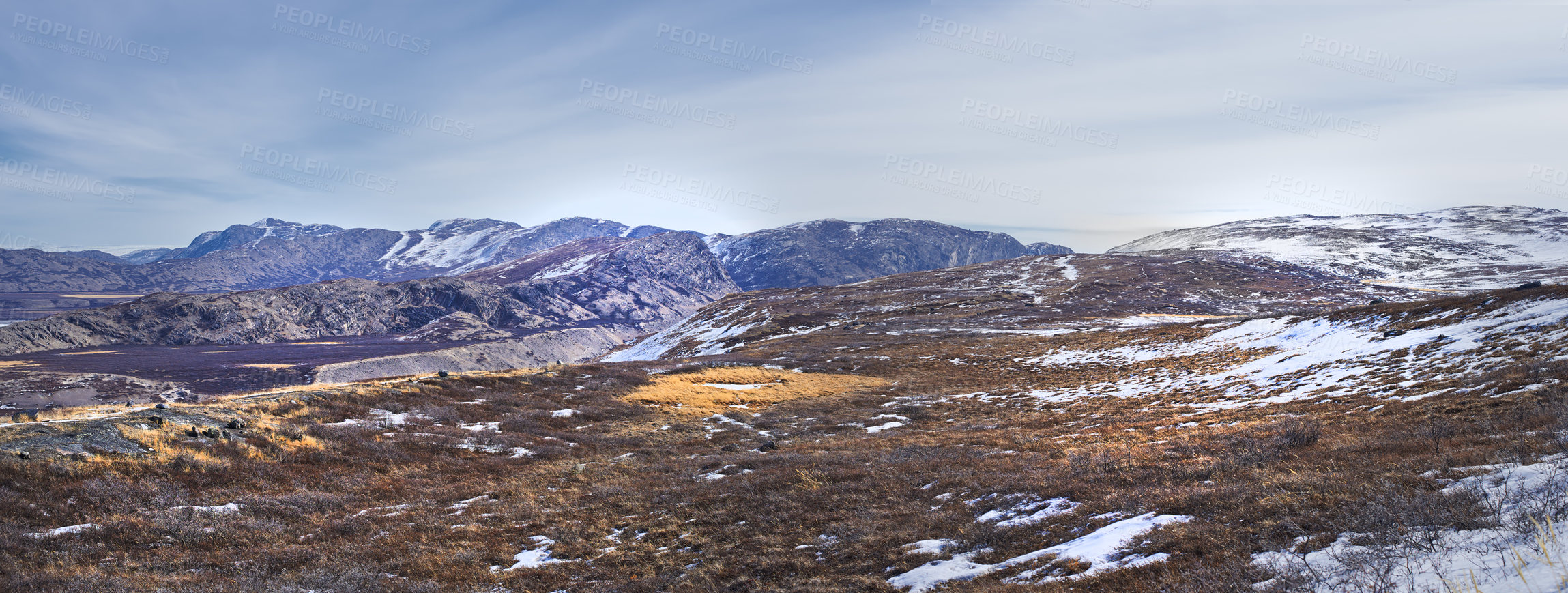 Buy stock photo Countryside, mountain and winter landscape with view of environment or nature for growth and sustainability. Earth, sky and travel with natural ecosystem outdoor for conservation or green ecology