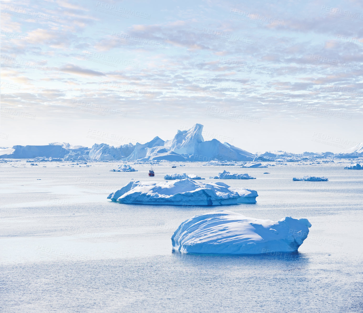 Buy stock photo Antarctica, frost and water with ice in ocean for cold ecosystem of environment in winter season. Earth, frozen and sky with iceberg in sea for conservation of ecology in mother nature location