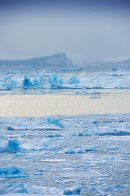 Buy stock photo Ice, seascape and ocean in Arctic for wallpaper, freezing and evening in Greenland. Global warming, landscape and climate awareness on Earth with ozone issues, broken glacier and habitat destruction