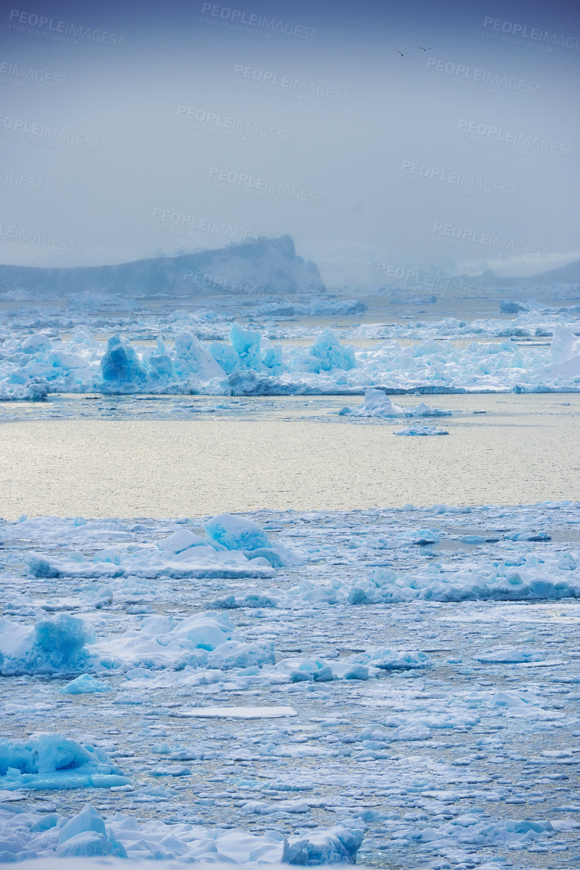 Buy stock photo Ice, seascape and ocean in Arctic for wallpaper, freezing and evening in Greenland. Global warming, landscape and climate awareness on Earth with ozone issues, broken glacier and habitat destruction