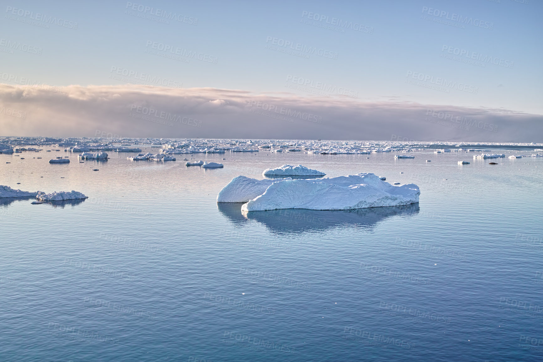 Buy stock photo Winter, sea and snow or iceberg with climate change or dark sky, nature and environmental. Natural, ocean and water on cold season or freezing weather with global warming and frozen in Canada