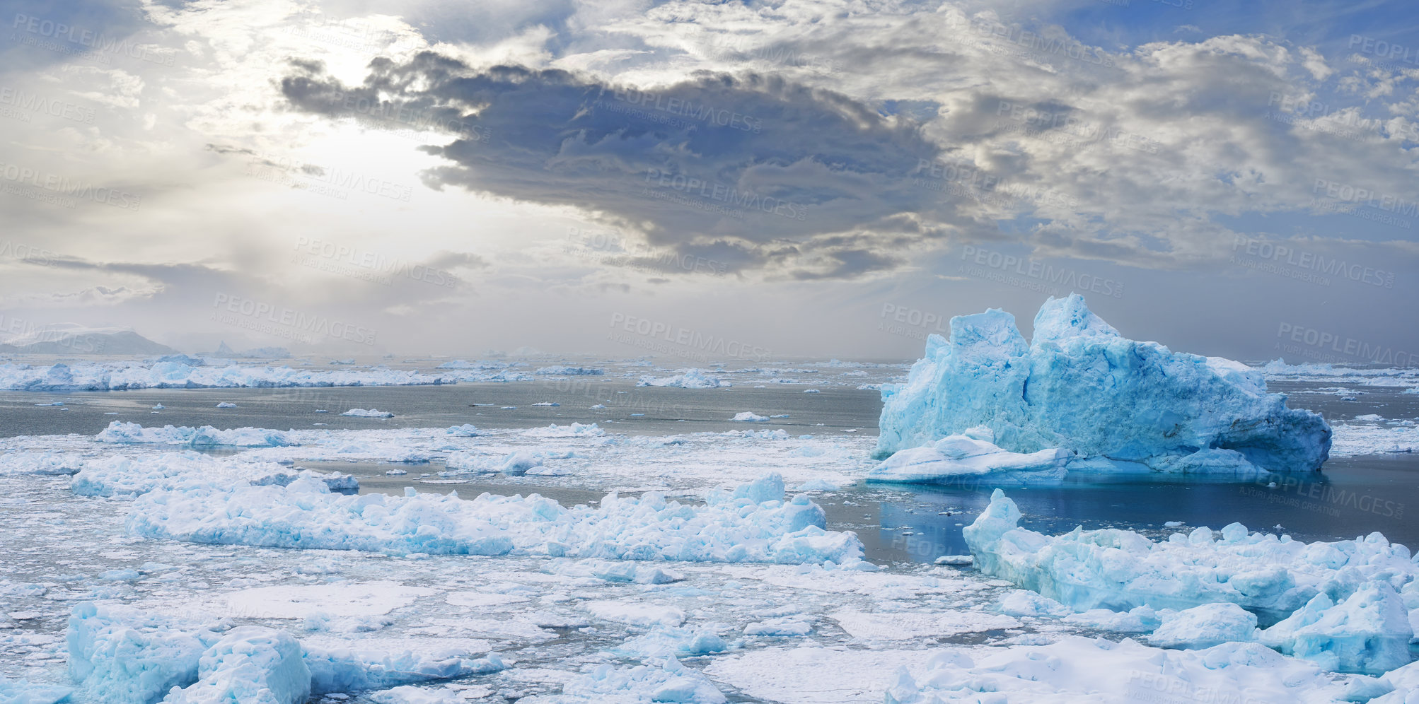 Buy stock photo Antarctica, global warming and water with ice in ocean for cold ecosystem of environment in winter season. Earth, iceberg and sky with frost on sea for climate change or conservation in mother nature