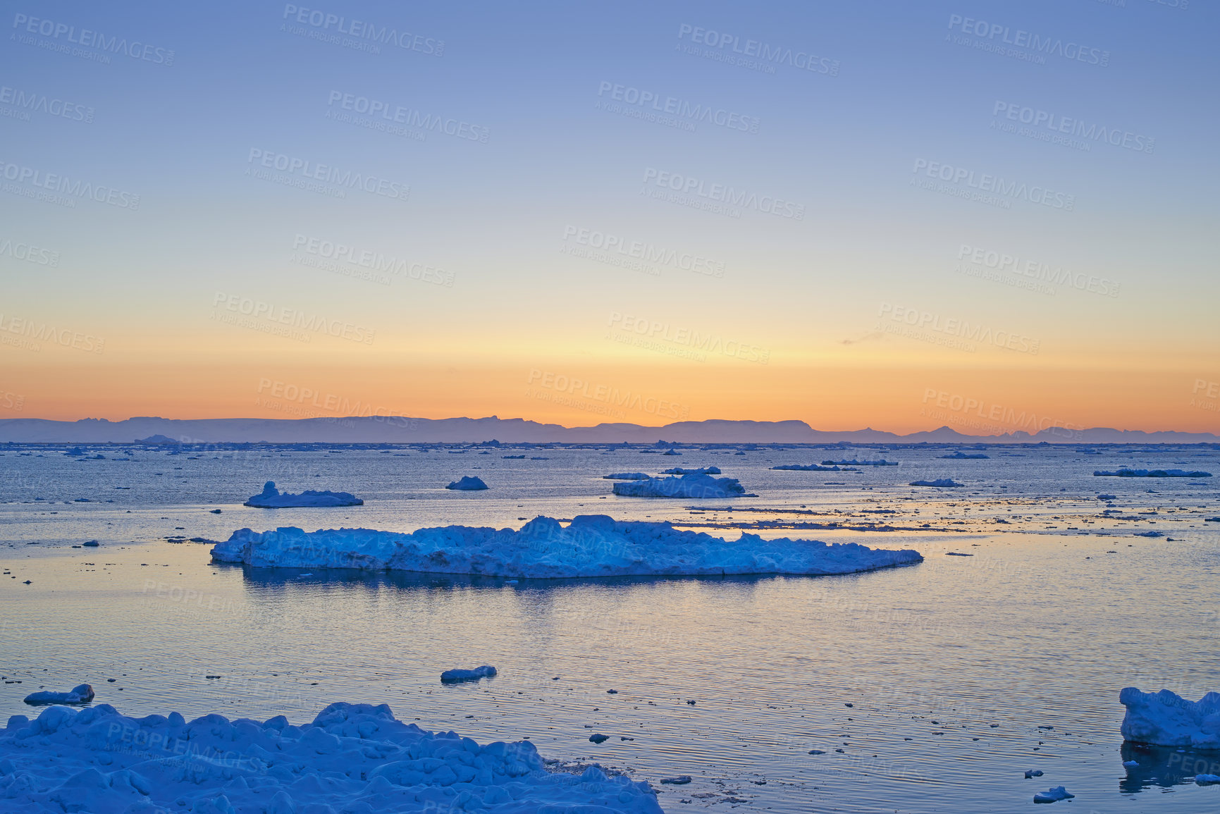 Buy stock photo Ice, snow and natural landscape, blue sky with sunshine, travel and adventure in winter with Earth. Arctic, alps and scenery, cold environment and outdoor with water, explore and sunset with nature