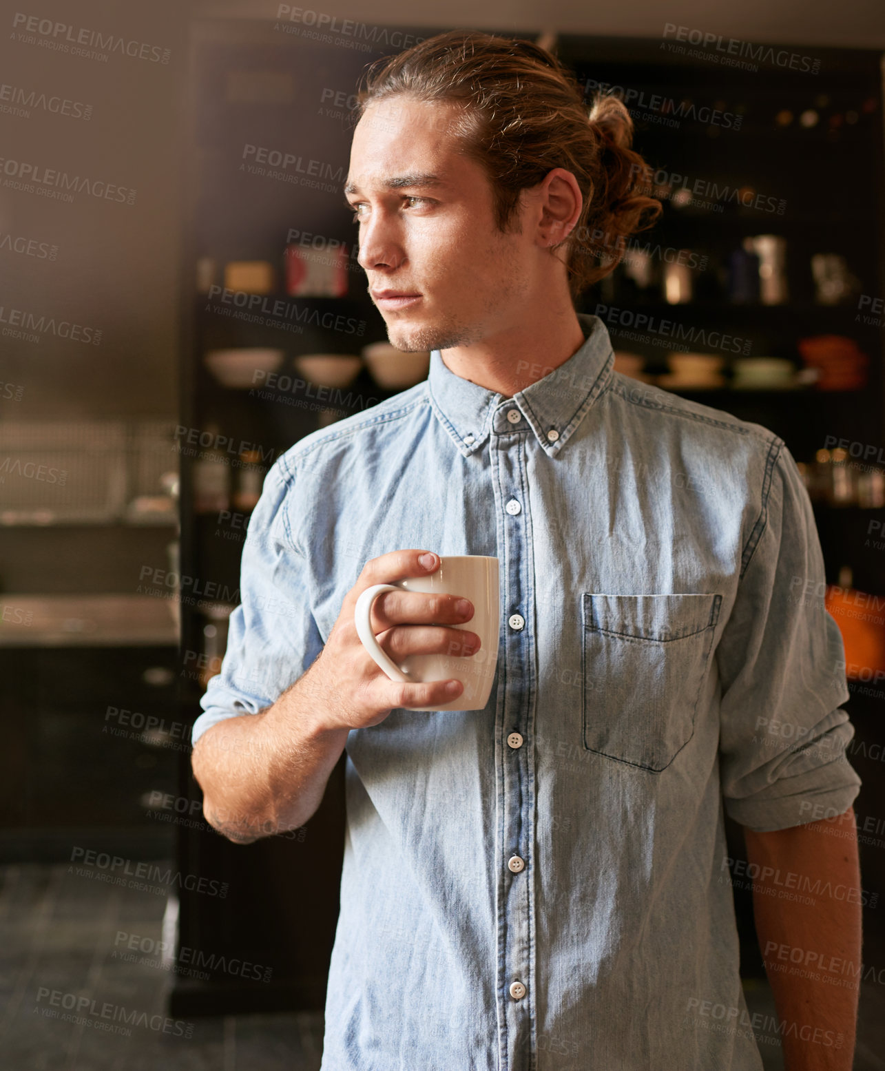 Buy stock photo Man, thinking and coffee in home with espresso, mug and hot drink in the morning in kitchen. Breakfast blend, caffeine break and weekend with green tea, contemplation and memory with hipster style