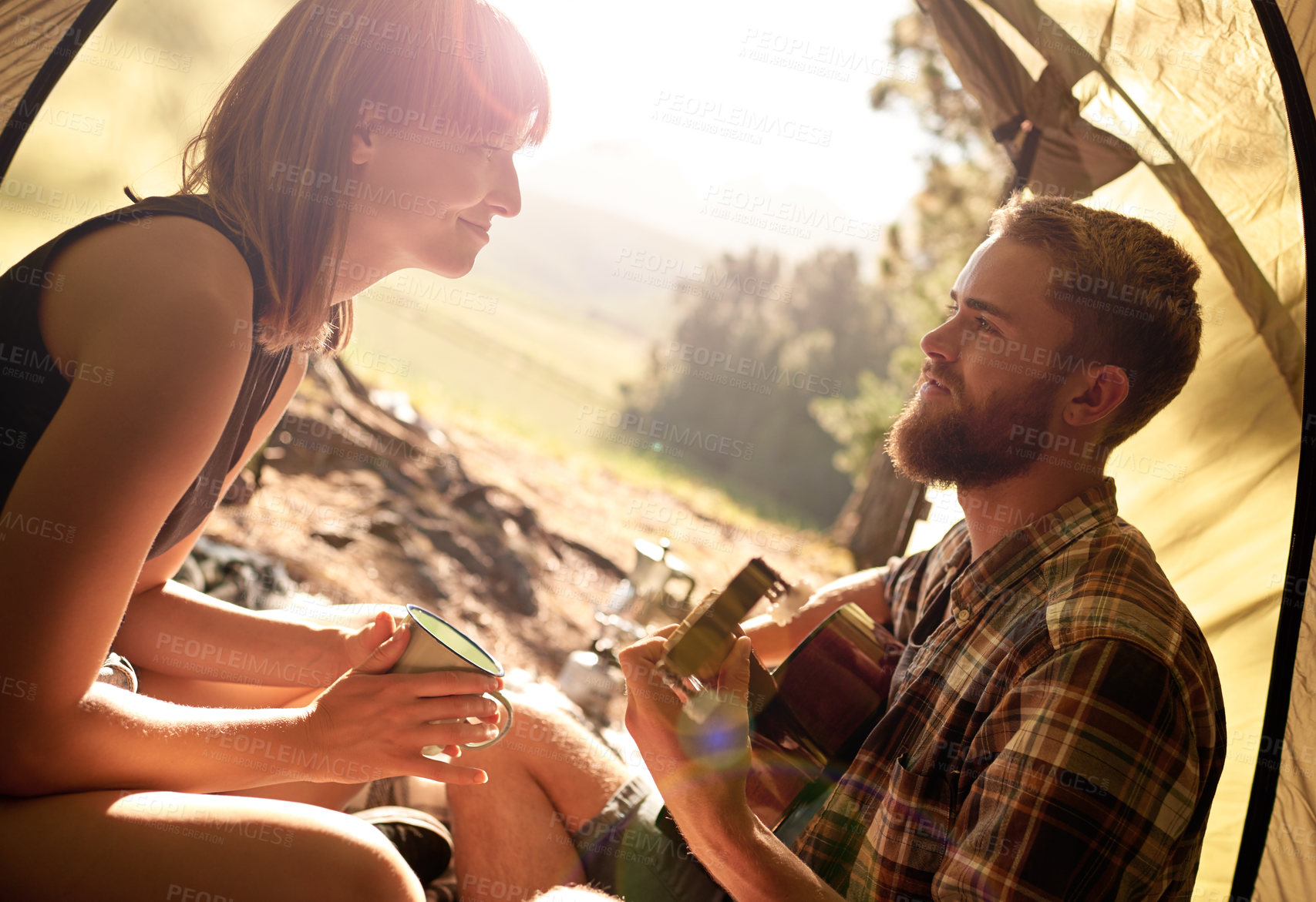 Buy stock photo Couple, tent and play with guitar on camp for music performance, summer vacation and romantic getaway. Happy, people and instrument with travel peace, bonding together and talent for singing activity