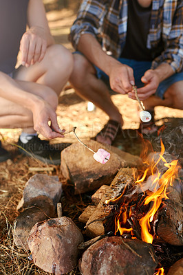 Buy stock photo Cropped shot of two campers roasting marshmallows over a campfire