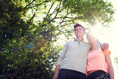 Buy stock photo Sports, outdoor and couple by trees for workout with race, marathon or running training together. Happy, people and low angle of man and woman athletes walking in park for cardio exercise in nature.