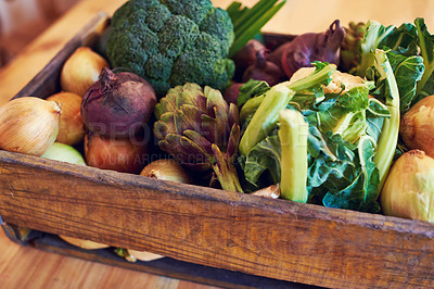 Buy stock photo Shot of a variety of vegetables in a crate