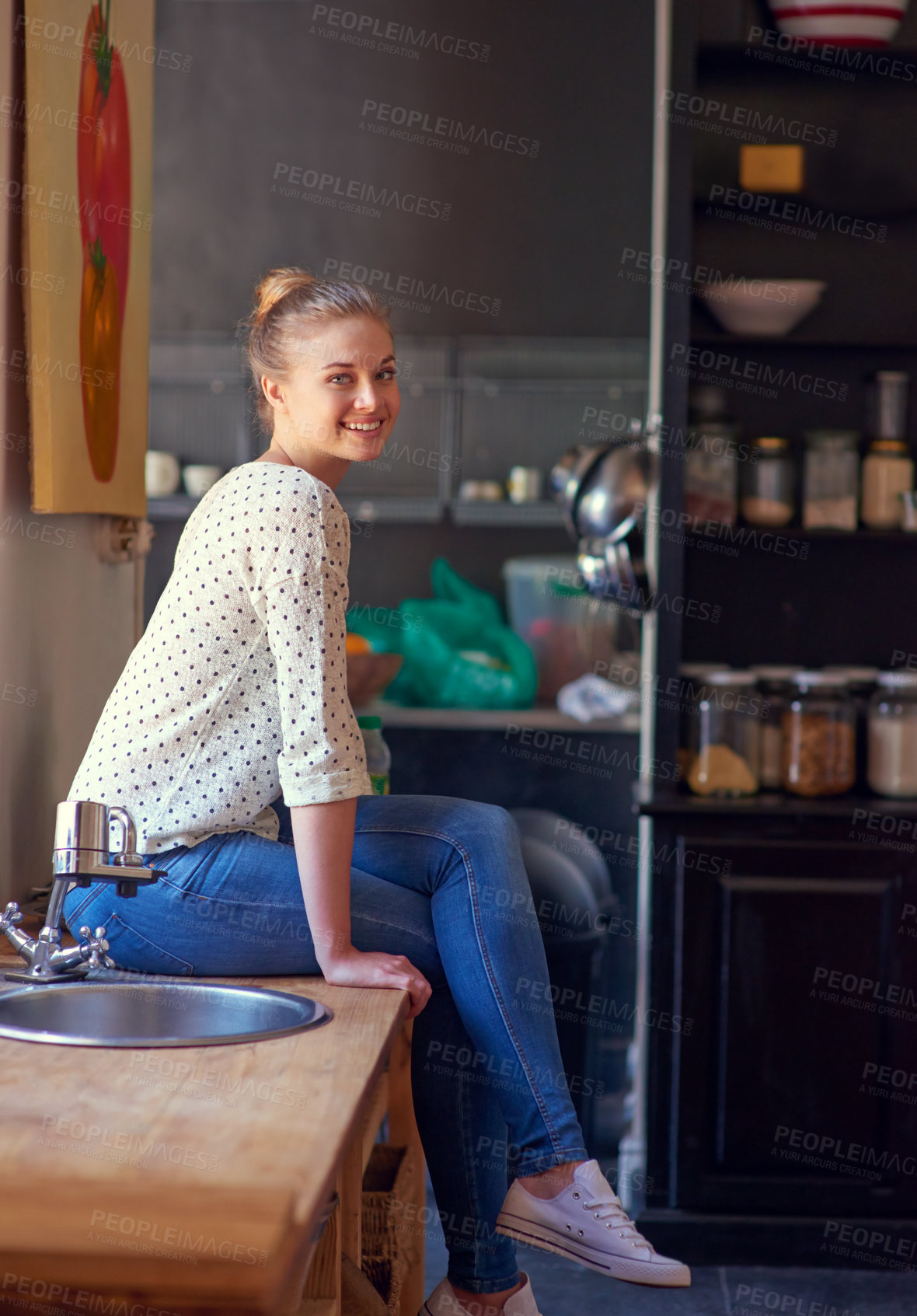 Buy stock photo Portrait, smile and woman in kitchen, relax and chilling in weekend, happy and peace in morning and house. Break, cheerful and person in apartment, comfortable and rest on counter, joy and Germany