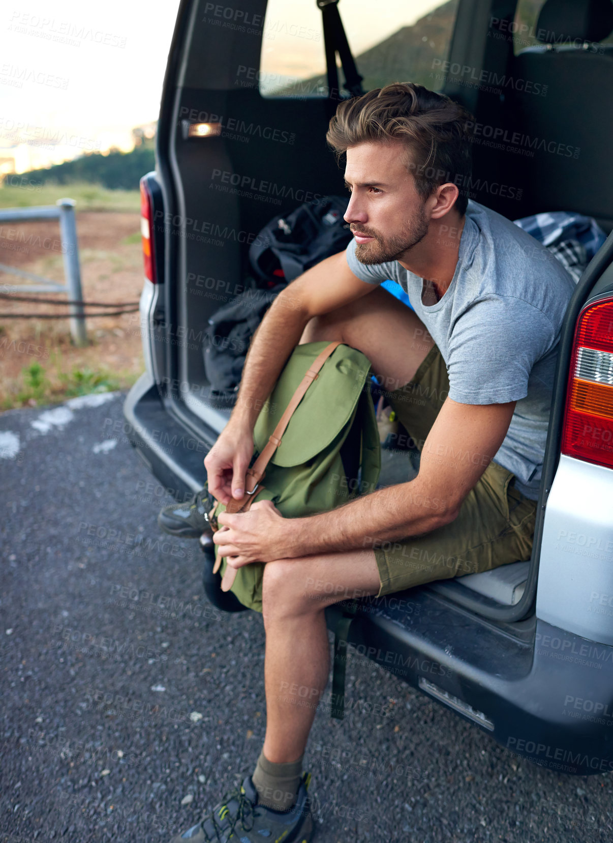 Buy stock photo Car, man and thinking with backpack for travel, holiday adventure or explore for road trip outdoor. Transportation, male person and explorer with ideas for vacation journey, tourism or relax in trunk